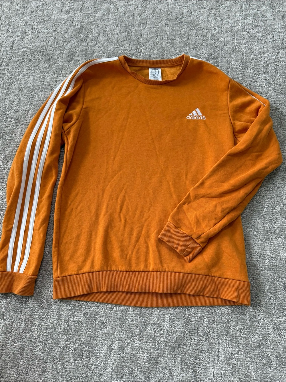 Adidas Men's Orange Crewneck Sweatshirt with White Three-Stripe Detail